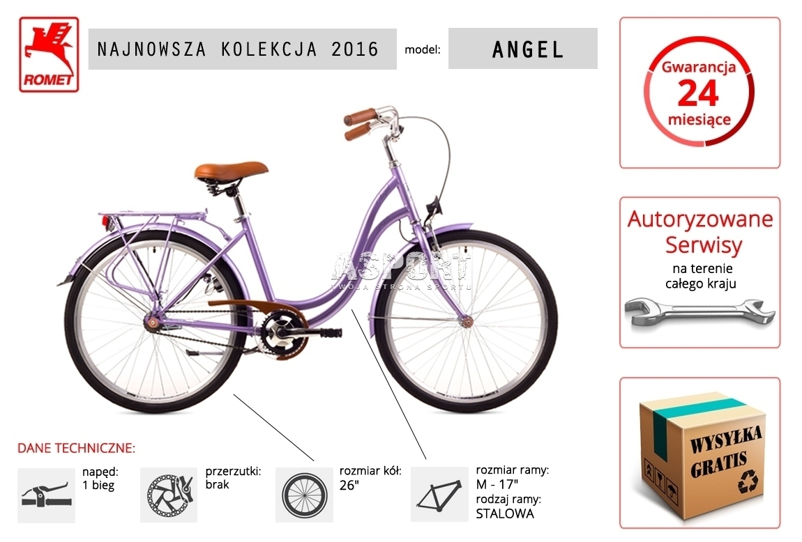 Rower miejski, damski, rozmiar ramy M 17" ANGEL 26" cappuccino Romet